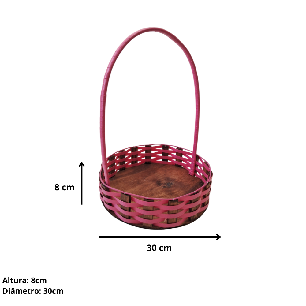 Cesta redonda de madeira de pinus e fibra sintética.